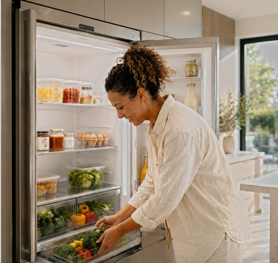 Woman finding recipes from her fridge with ToEat